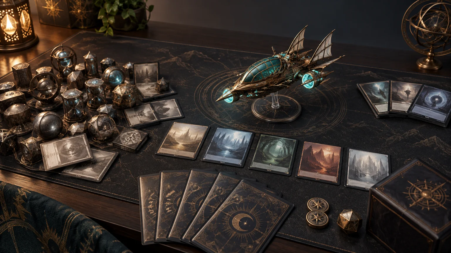 Moody tabletop gaming scene with ornate mana-like artifacts, a teal steampunk airship miniature, fantasy-style cards on a dark celestial playmat, and a deck box under warm lamplight.