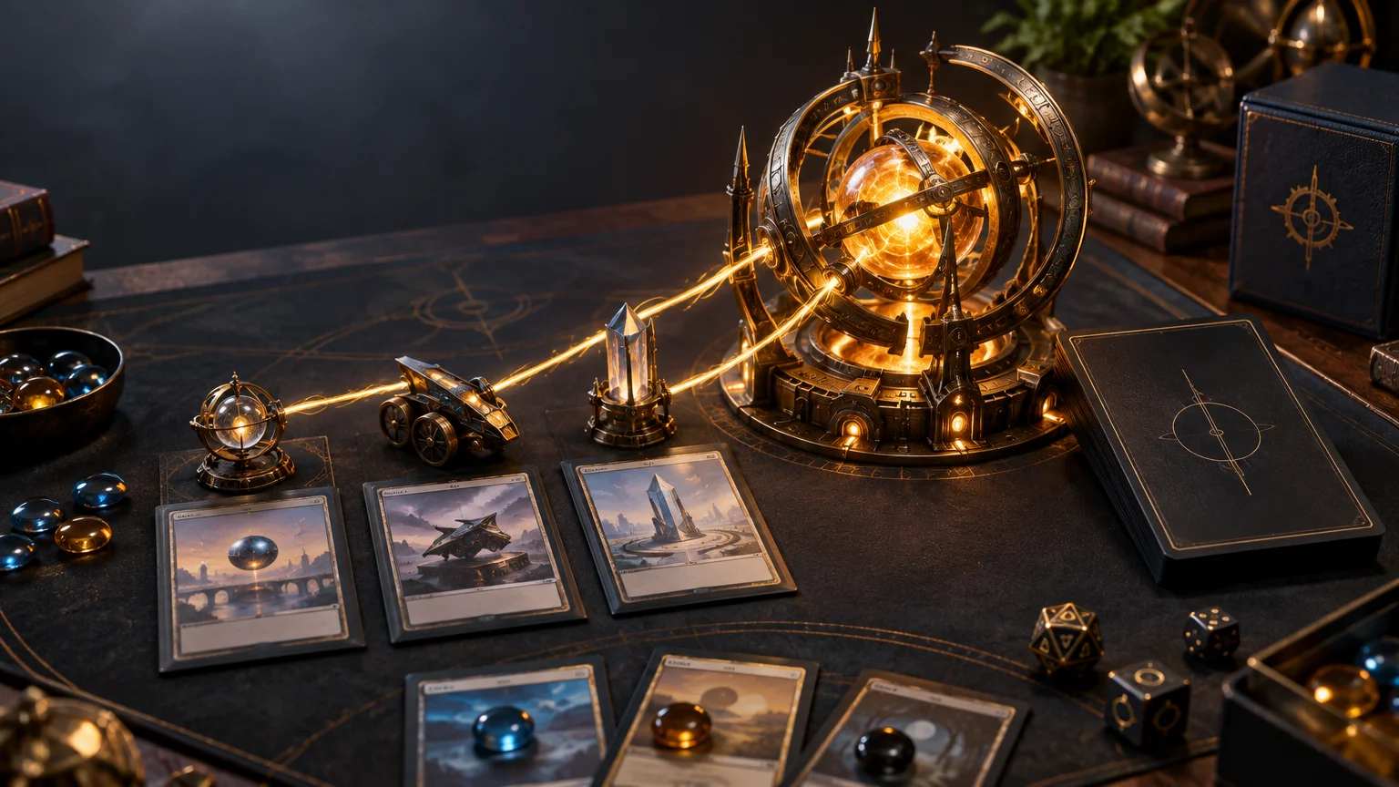 Dramatic tabletop gaming scene with a glowing brass, orb-like mana artifact on a dark playmat, surrounded by sleeved fantasy cards, small metallic tokens, dice, marbles, and a black deck box.
