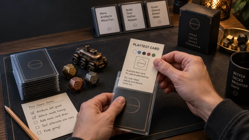 Hands insert a white card labeled “PLAYTEST CARD” into a clear sleeve on a dark tabletop playmat, beside a stacked deck of sleeved cards, polyhedral dice, a small armored vehicle miniature, a deck box, and handwritten post-game notes.