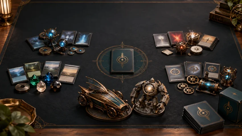 Overhead view of a dark tabletop playmat arranged with fantasy trading cards, glowing blue-and-brass artifact tokens, crystals, gears, a miniature wheeled vehicle, a stone-and-metal construct, deck stacks, and a matching deck box.