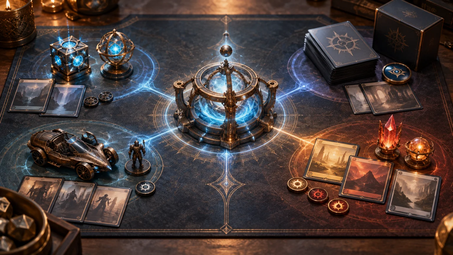 A dramatic fantasy tabletop game setup with a glowing blue mechanical orb at the center, a miniature vehicle, metallic mana-like artifacts, stacks of sleeved cards, a deck box, round tokens, and several illustrated cards arranged on a dark playmat.