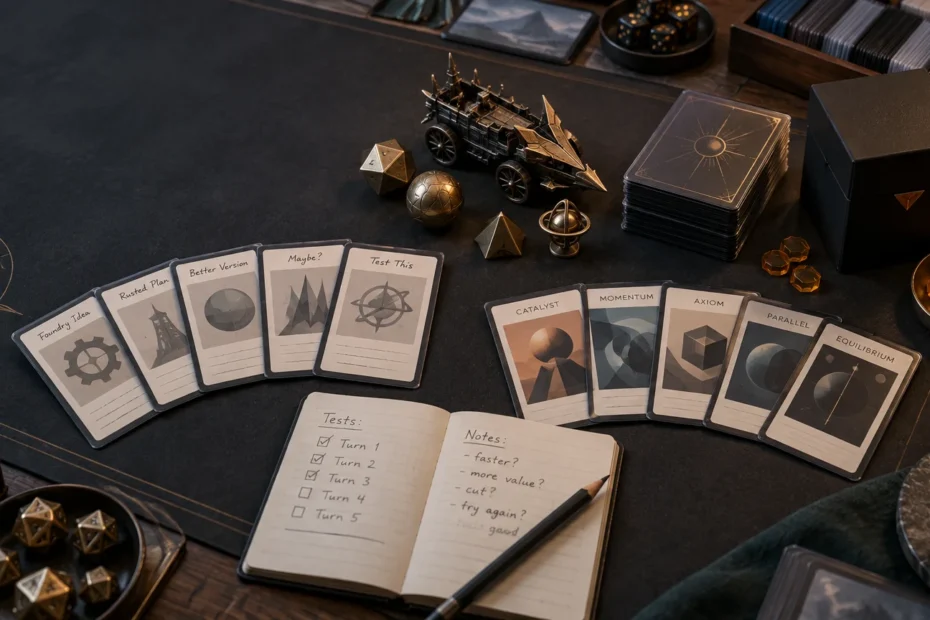 Moody tabletop scene with two fans of sleeved custom test cards, a handwritten testing notebook and pen, dice, a miniature steampunk vehicle, a deck box, and amber tokens on a dark playmat.