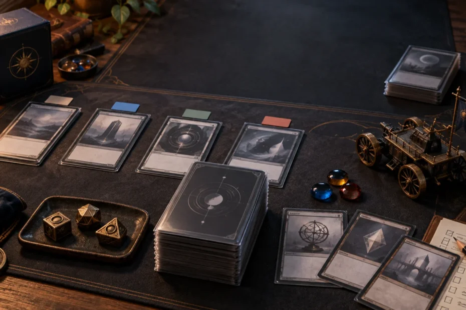 Warmly lit tabletop gaming setup with sleeved fantasy-style cards, a large card deck, colored counters, dice, a checklist, and a small ornate wheeled vehicle on a dark playmat.