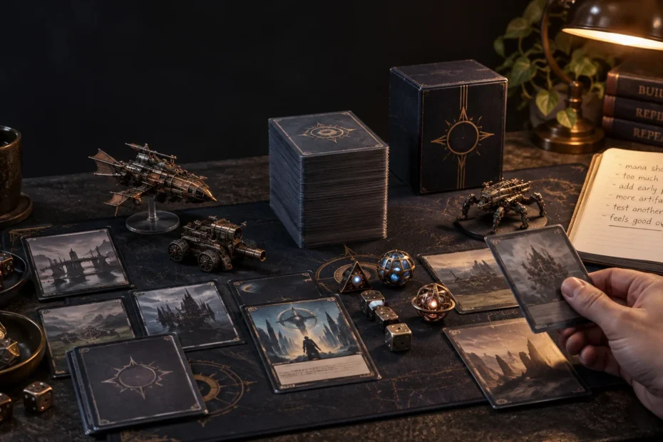 Moody tabletop gaming setup with a large deck of sleeved cards, several fantasy-themed cards on a dark playmat, dice, miniature steampunk vehicles, a deck box, and a hand holding a card beside a notebook of deck-testing notes.
